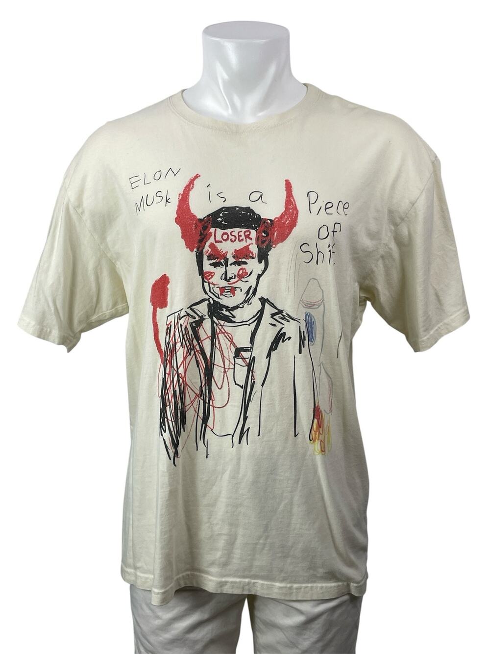 Teddy Fresh Men's Cream Elon Musk Graphic Print Crew Neck T Shirt Tee Top Size L